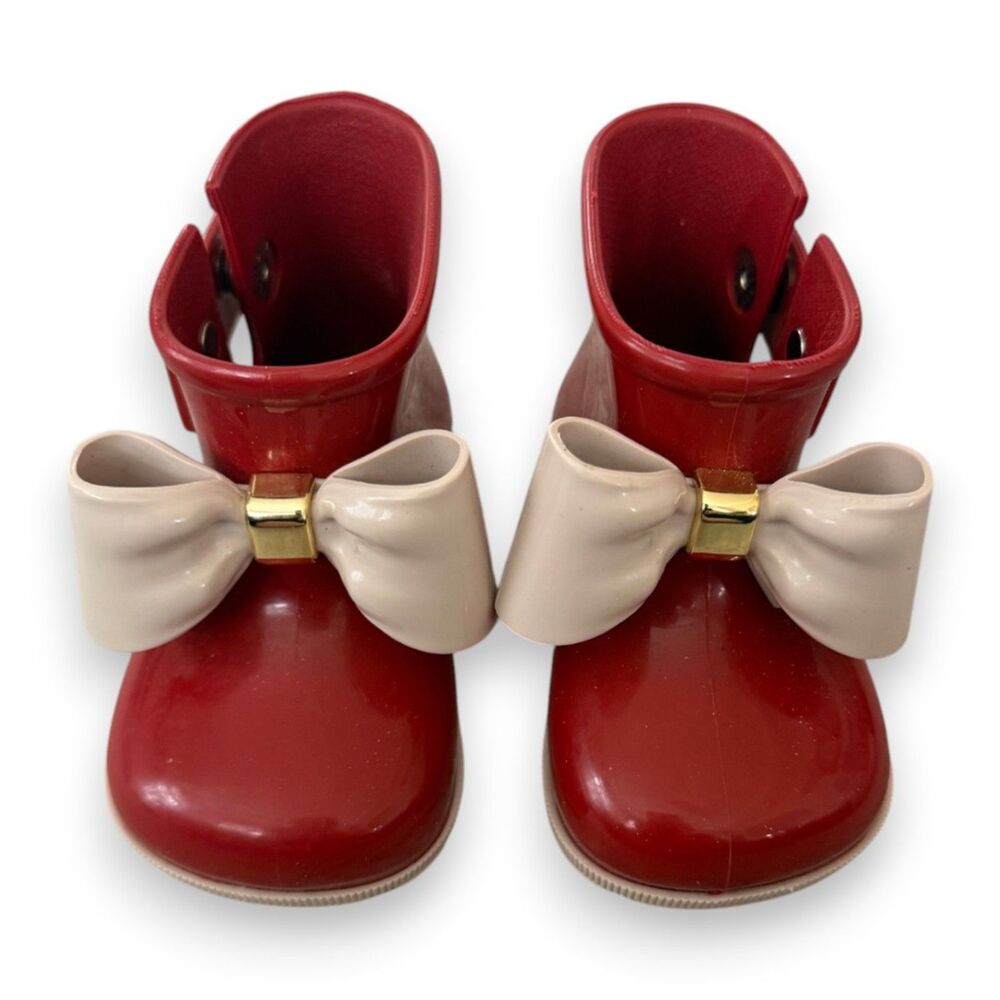 Mini Melissa Red Rain Boots with Beige Gold Bow Size 5
